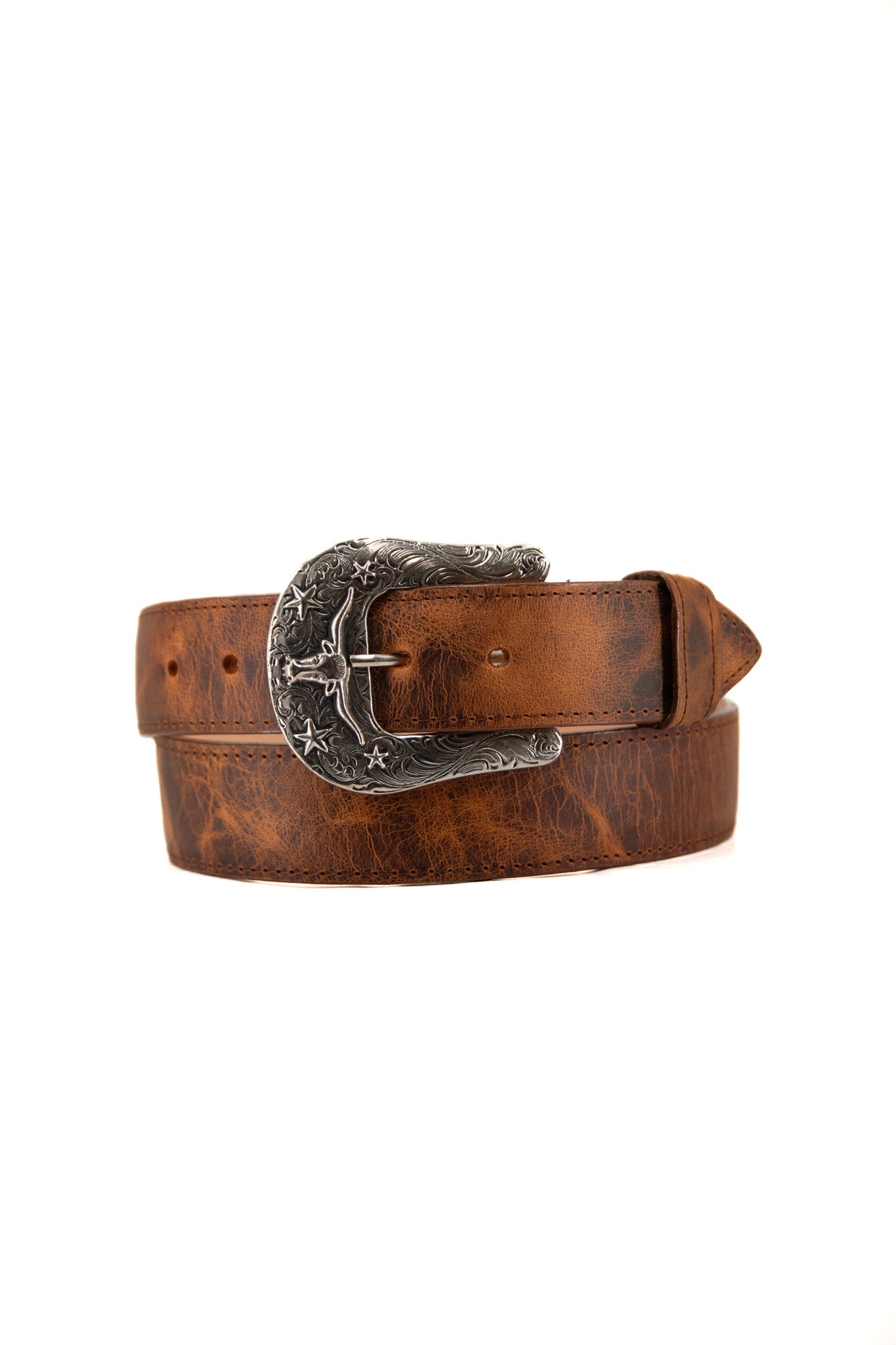 Rock'em Leather Western Longhorn Buckle Cowboy Belt