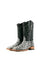 The black Python cowboy boots are crafted from genuine leather, featuring a square toe, python print vamp, a black embroidered shaft, and a rubber heel.