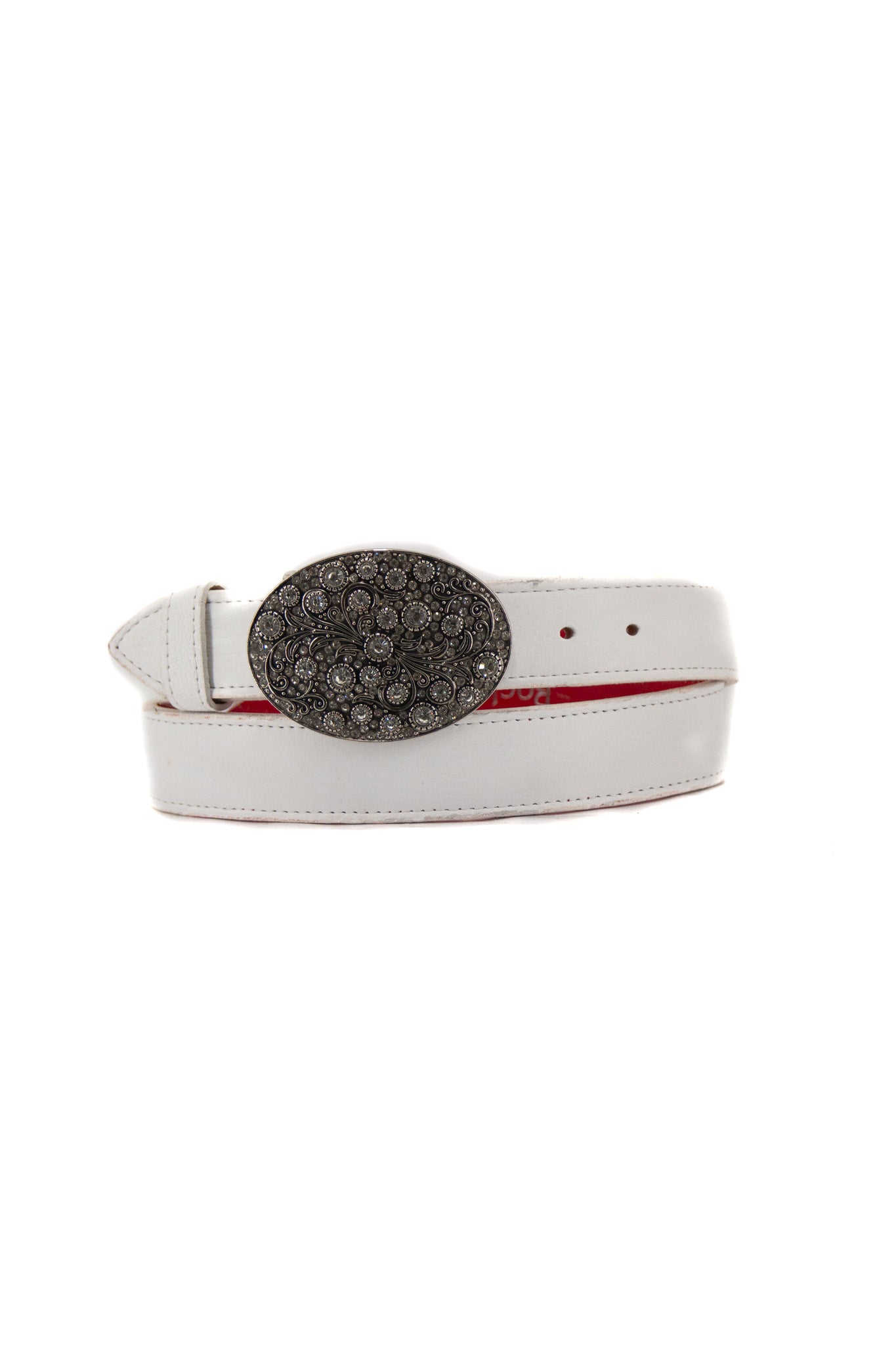 Rhinestone Buckle White Belt