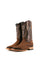 The Serbia Woven boots in brown tan are made of genuine leather, brown woven print vamp, brown leather shaft with inlays, square toe, pull straps, and rubber heel.