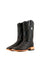 The Serbia Woven boots in brown black are made of genuine leather, brown and black woven print vamp, black leather shaft with inlays, square toe, pull straps, and rubber heel.