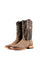 France Woven boots in tobacco brown, woven print vamp, brown embroidery leather shaft, a square toe, pull straps, and rubber heel.