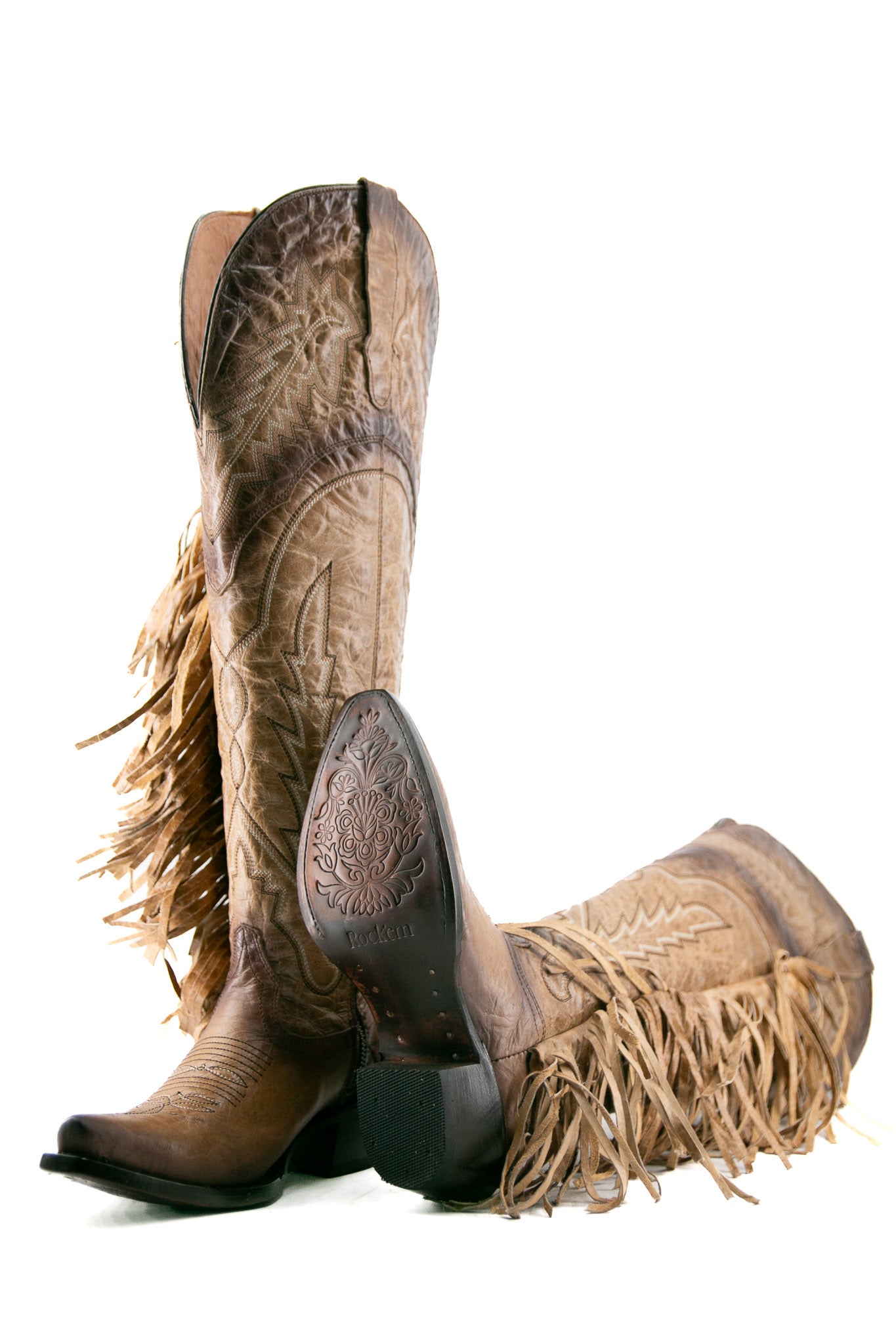 Rock Knee High Fringe Wide Calf Friendly Snip Toe Cowgirl Boot