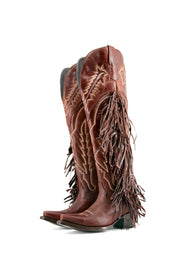 Rock Knee High Fringe Wide Calf Friendly Snip Toe Cowgirl Boot