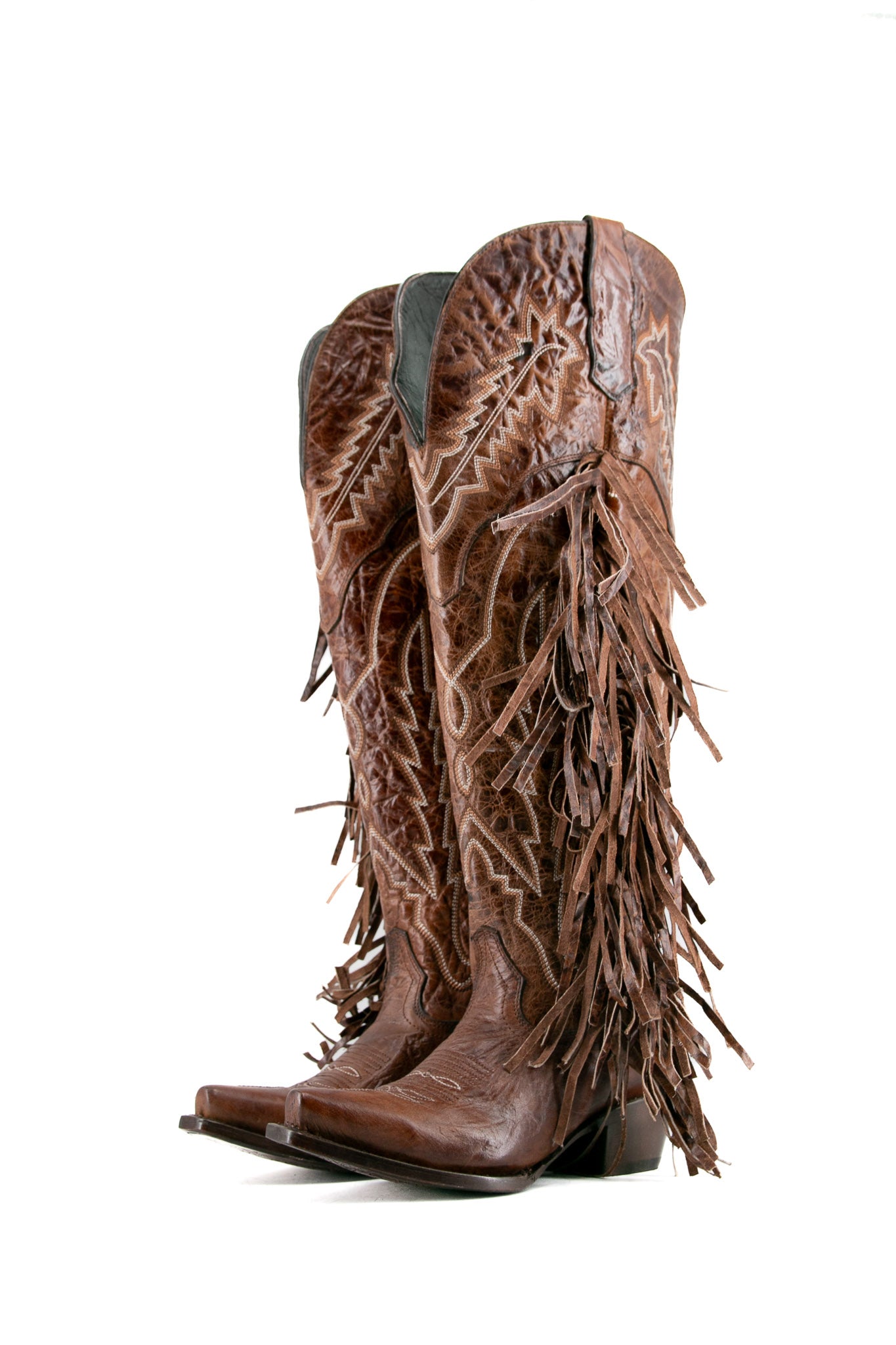 Rock Knee High Fringe Wide Calf Friendly Snip Toe Cowgirl Boot