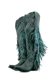 Rock Knee High Fringe Wide Calf Friendly Snip Toe Cowgirl Boot