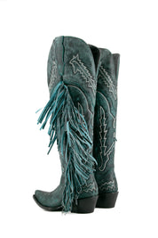 Rock Knee High Fringe Wide Calf Friendly Snip Toe Cowgirl Boot