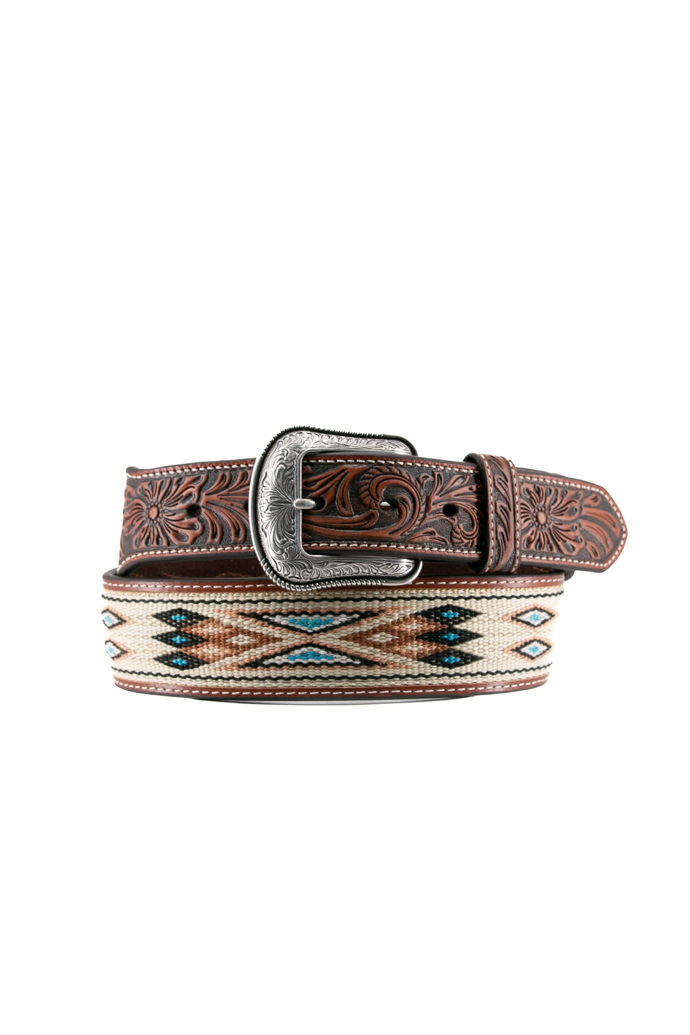 3D Leather Tapered Woven Inlay Tan Cowboy Belt