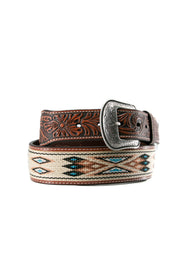 3D Leather Tapered Woven Inlay Tan Cowboy Belt