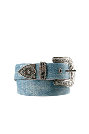 Angel Ranch Western Leather Clear Crystals Denim Cowgirl Belt