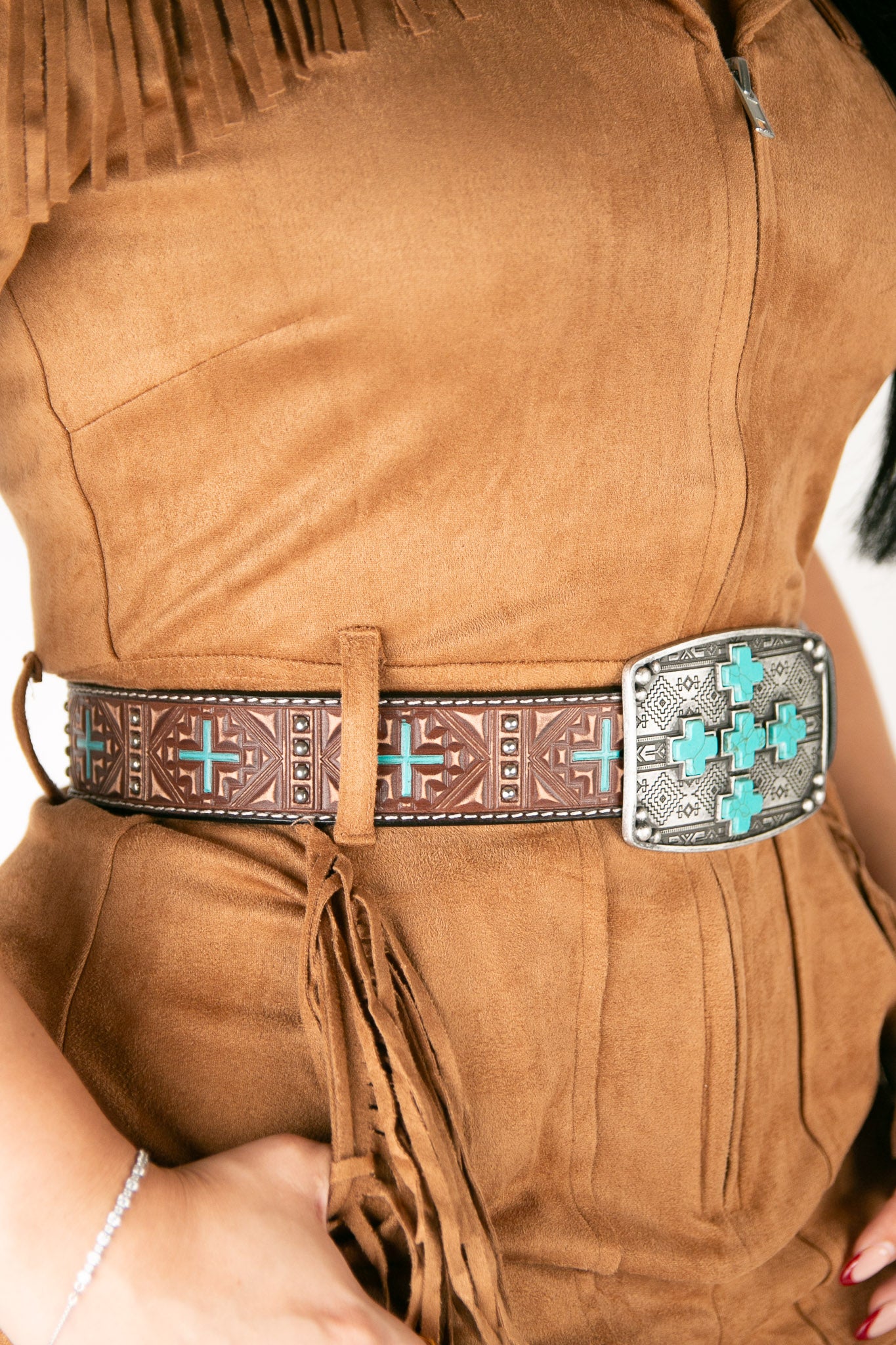 Angel Ranch Studs Cross Turquoise Brown Cowgirl Belt