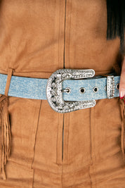 Angel Ranch Western Leather Clear Crystals Denim Cowgirl Belt