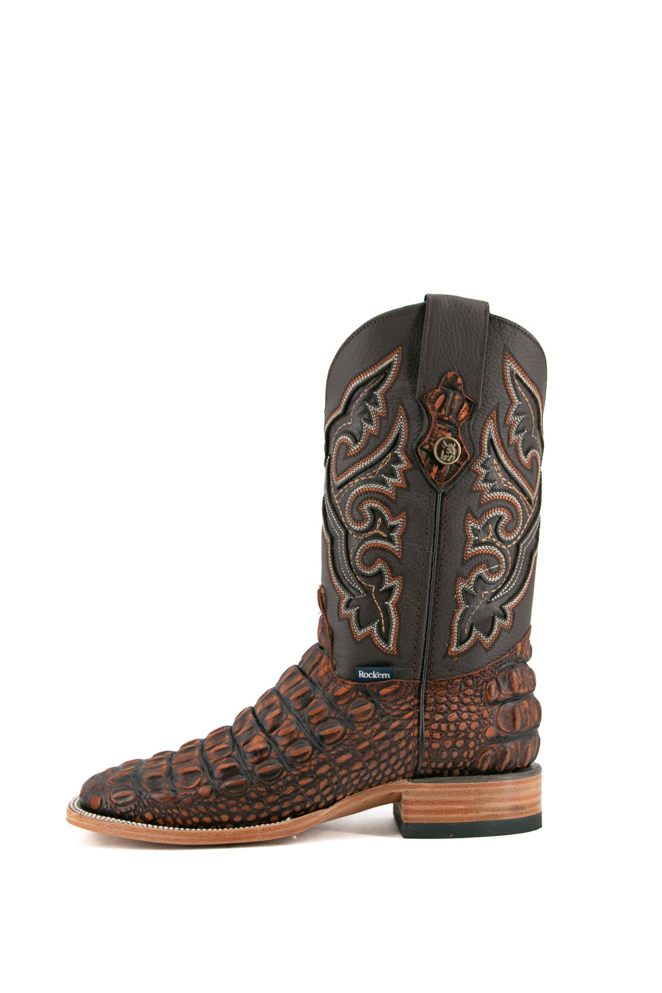 Side view of rustic shedron Giant Caiman Hornback cowboy boots in genuine leather, featuring a square toe, shedron caiman print vamp, brown embroidered shaft, and rubber heel.