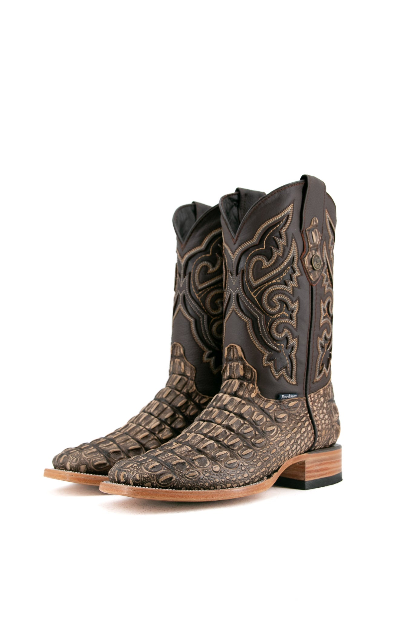 The rustic bone Giant Caiman Hornback cowboy boots are genuine leather, featuring a square toe, cream and brown caiman print vamp, brown shaft with embroidery, rubber heel. 