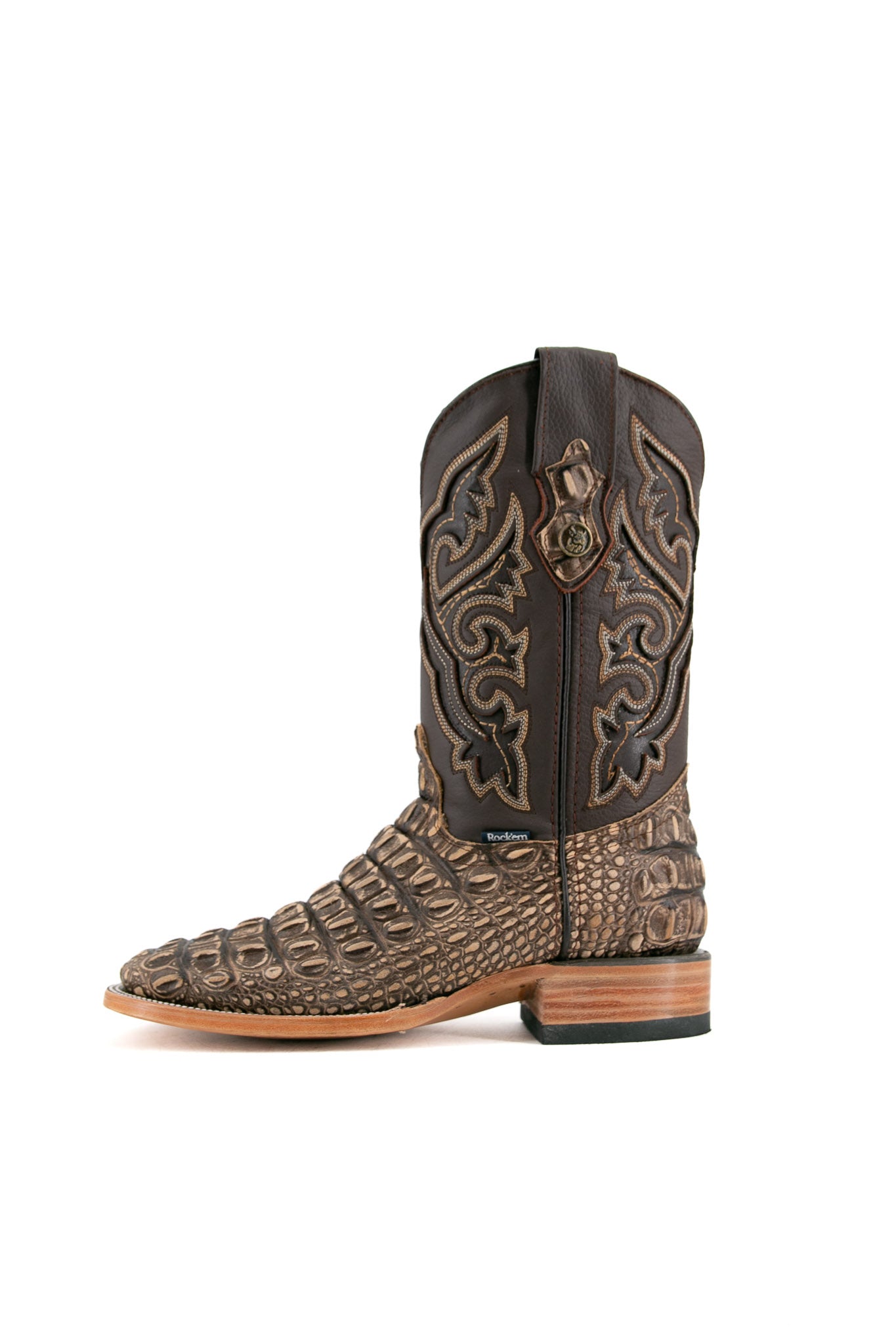 Side view of rustic bone Giant Caiman Hornback cowboy boots in genuine leather, featuring a square toe, white and brown caiman print vamp, brown embroidered shaft, and rubber heel.