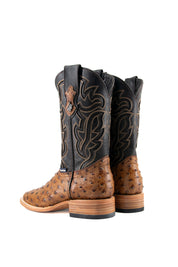 Back view of the Bruce ostrich cowboy boot in maple featuring a bumpy vamp, flame inlays on a dark shaft, square toe, leather sole, and rubber heel.