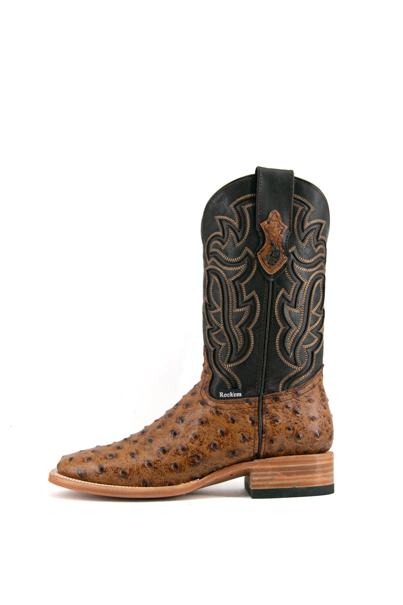Side view of the Bruce ostrich cowboy boot in maple showcasing the ostrich vamp, white flame inlays, dark shaft and leather stacked heels.