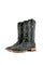 The negro Roca Patchwork Cowboy Boot in genuine leather, square toe, black roca patchwork print vamp, black embroidered shaft, rubber heel, and tan sole.