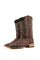 The shedron Roca Patchwork Cowboy Boot in genuine leather, square toe, shedron roca patchwork print vamp, shedron embroidered shaft, rubber heel, and tan sole.