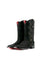 The black Justin Nobuck cowboy boots are made of genuine leather with a square toe, nobuck texture vamp, inlay shaft, rubber heel, and red sole.