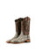 The antique white Python cowboy boots are crafted from genuine leather, featuring a square toe, python print vamp, a brown embroidered shaft, and a rubber heel.