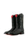 The Shelby cowboy boots feature a black python-textured vamp, black stitched leather shaft, square toe, red bottom, black sole, rubber heel, and Rock'em bull emblem.