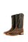 Rock'em Woven Cowhide boots feature a handwoven brown & black vamp, dark brown embroidered shaft, square toe, and a leather sole with a rubber heel.