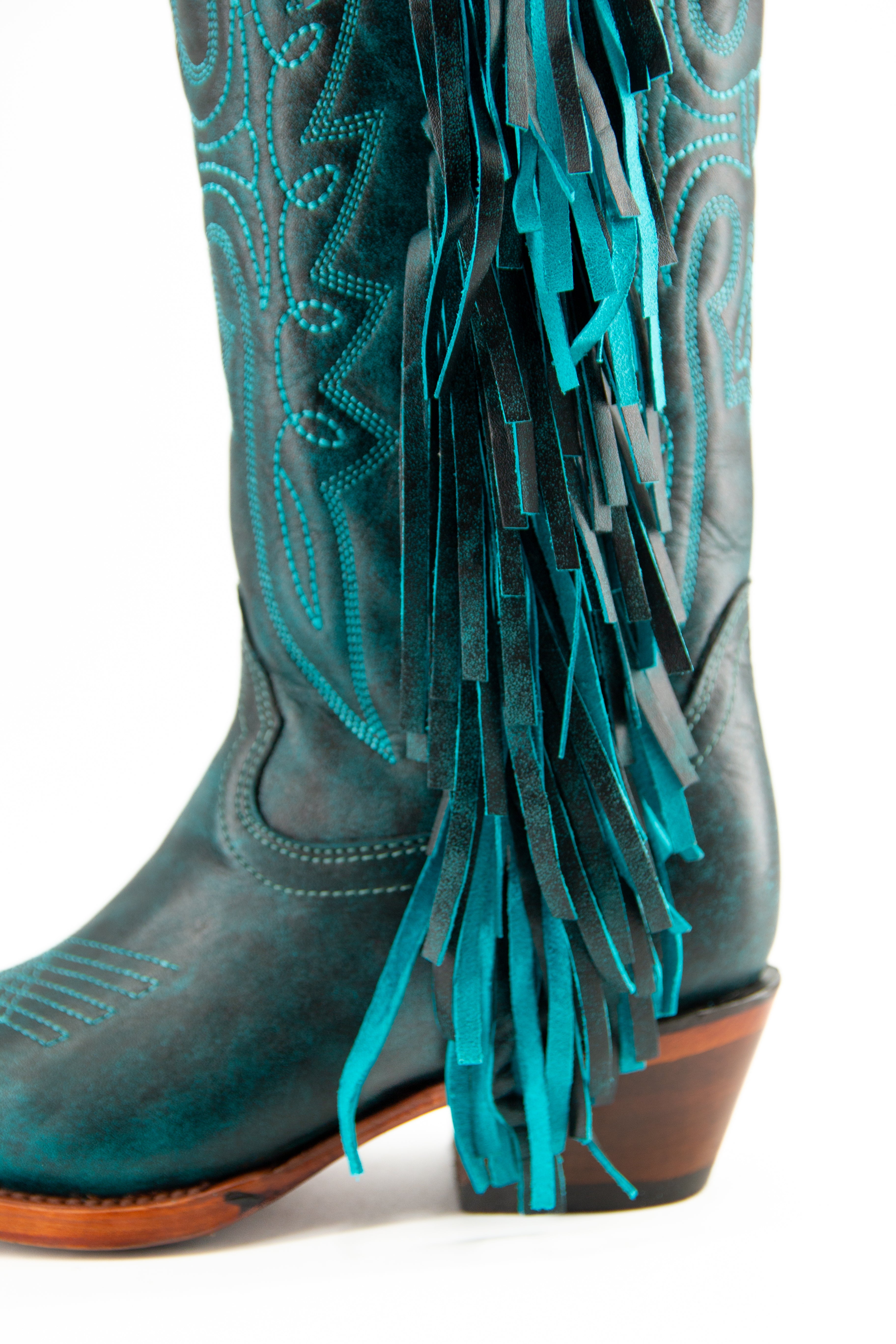 Juany Knee High Fringe Monet Turquoise M3 Snip Toe Cowgirl Boot