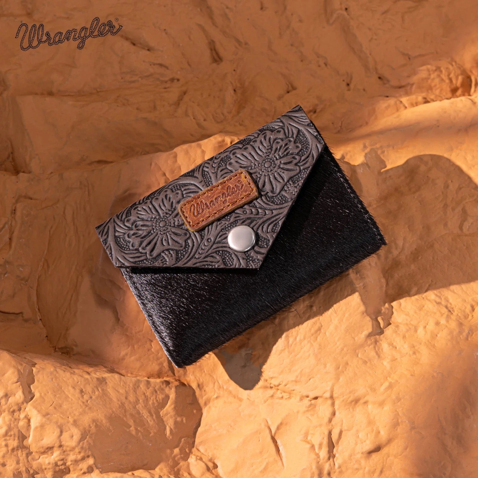 Wrangler Genuine Hair-On Cowhide Floral Tooled Card Holder