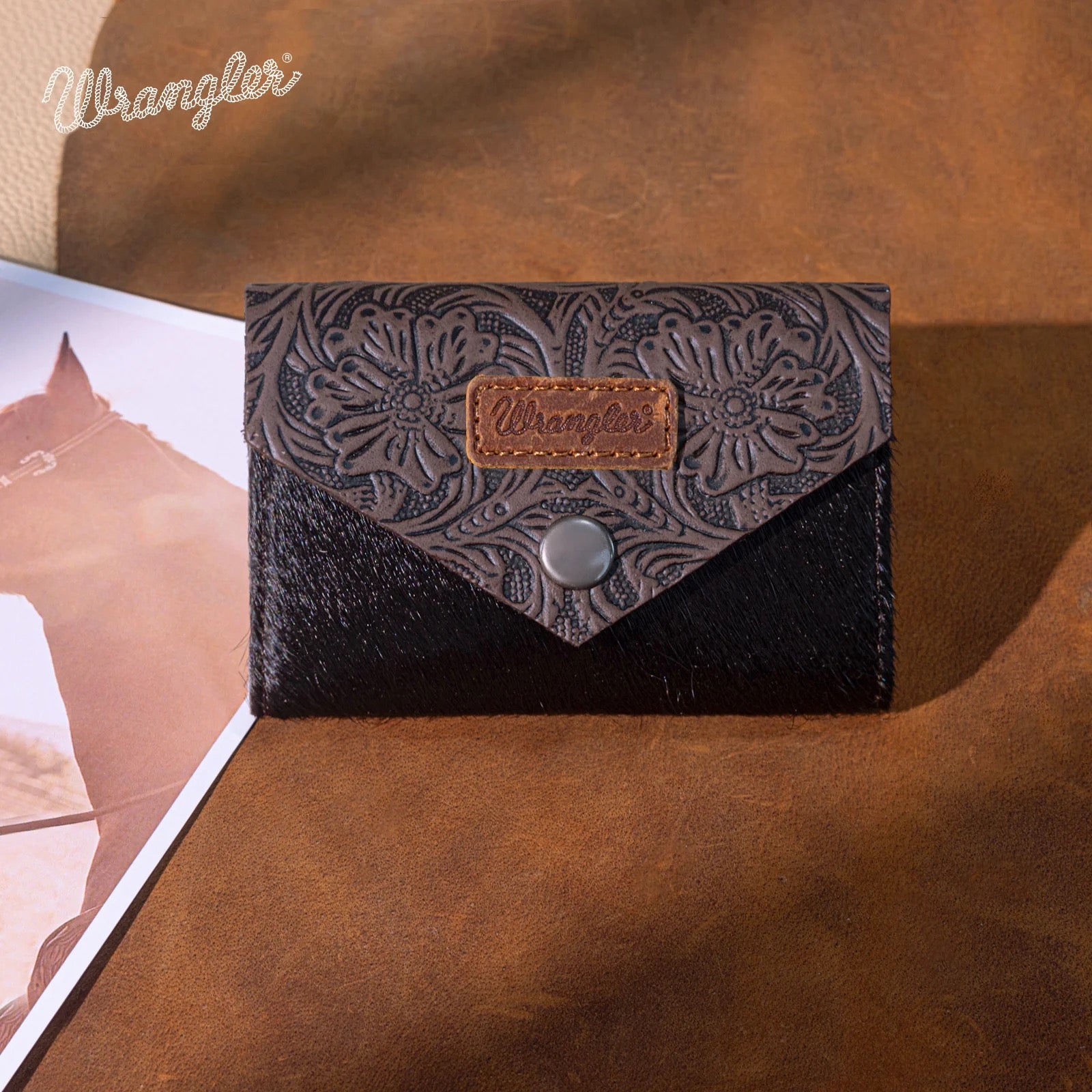 Wrangler Genuine Hair-On Cowhide Floral Tooled Card Holder