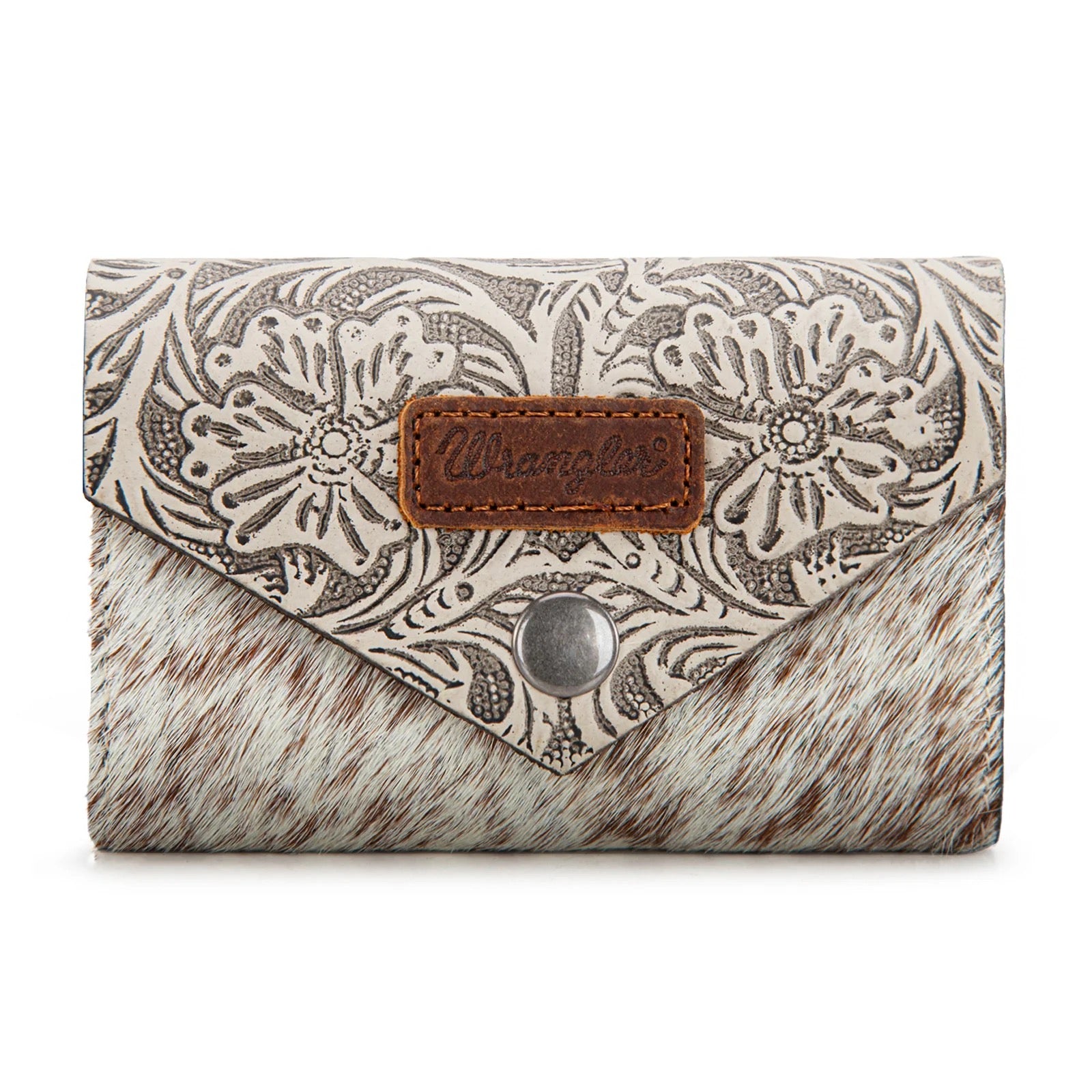Wrangler Genuine Hair-On Cowhide Floral Tooled Card Holder