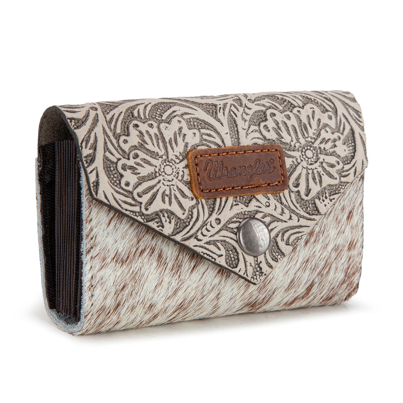 Wrangler Genuine Hair-On Cowhide Floral Tooled Card Holder