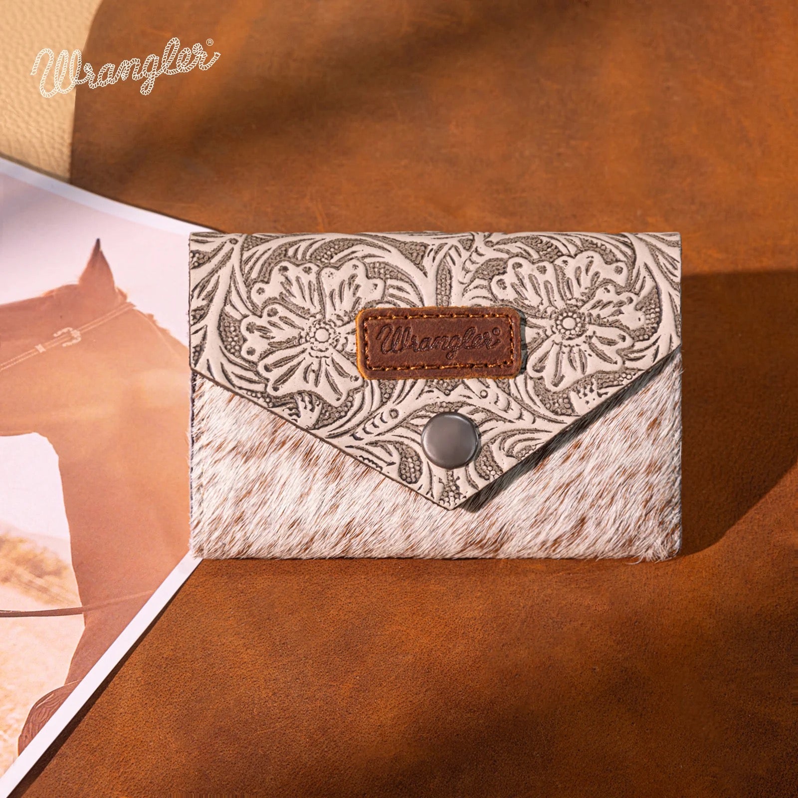 Wrangler Genuine Hair-On Cowhide Floral Tooled Card Holder