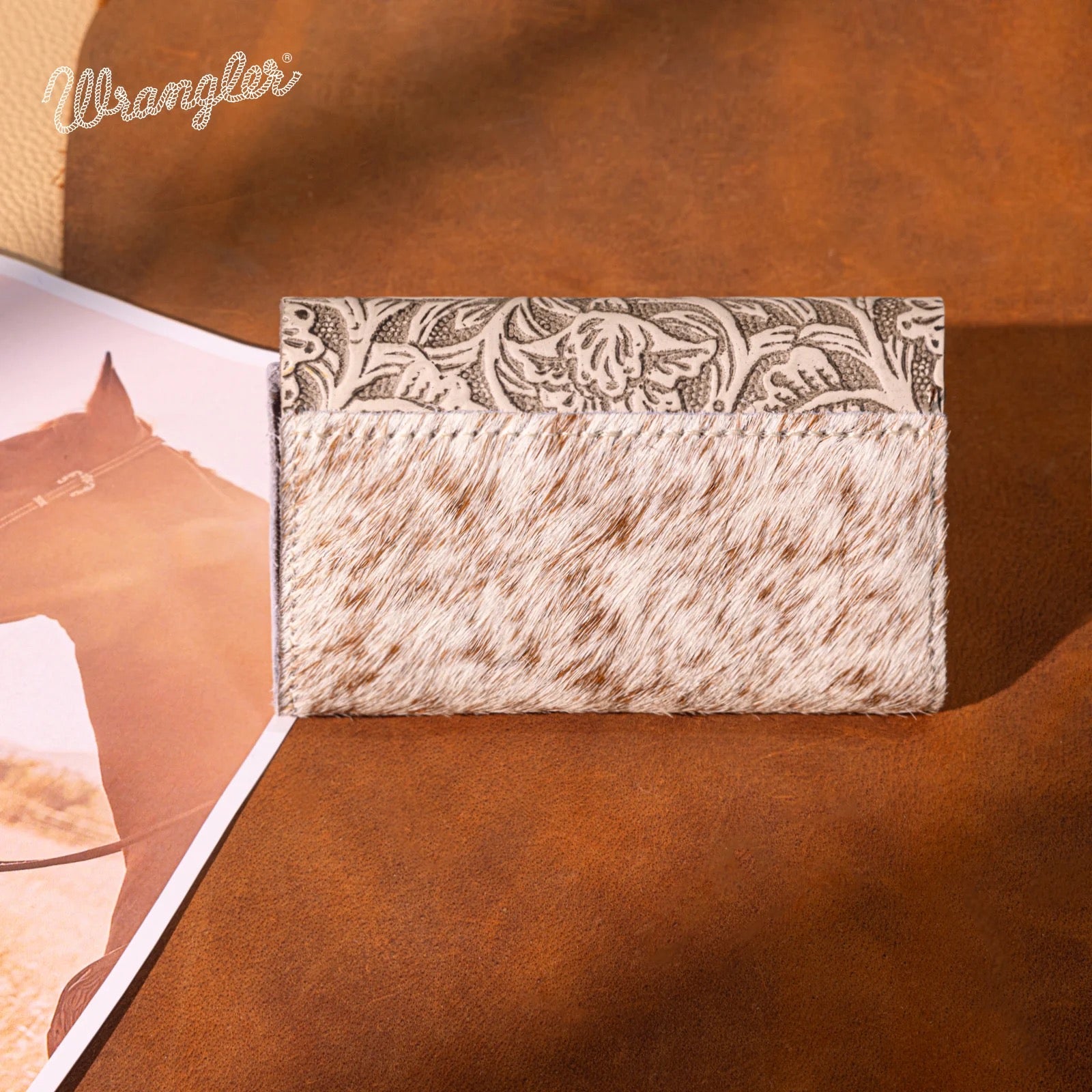 Wrangler Genuine Hair-On Cowhide Floral Tooled Card Holder