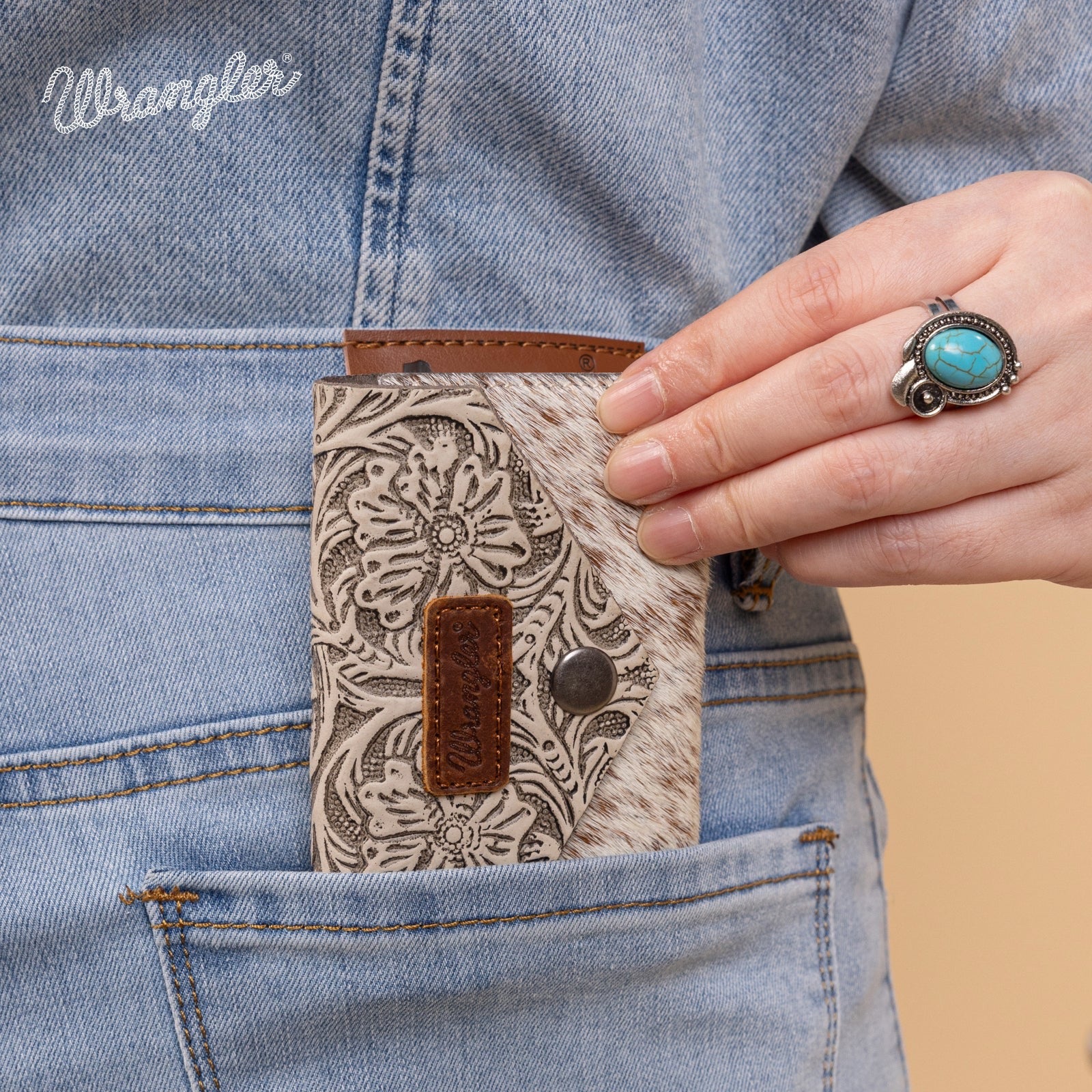 Wrangler Genuine Hair-On Cowhide Floral Tooled Card Holder