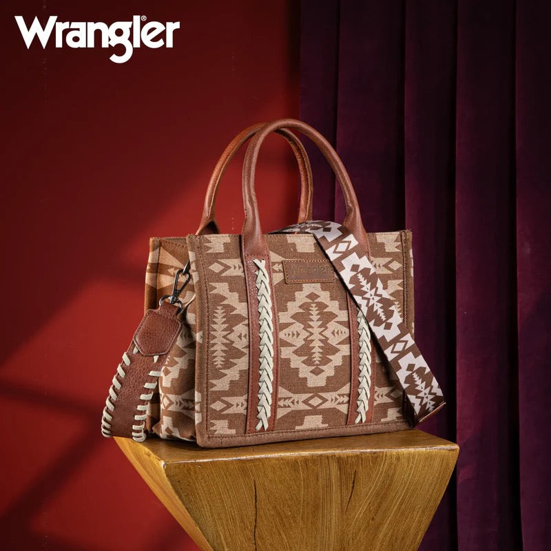 Wrangler Ladies Southwestern Print Small Canvas Brown Tote Crossbody Bag