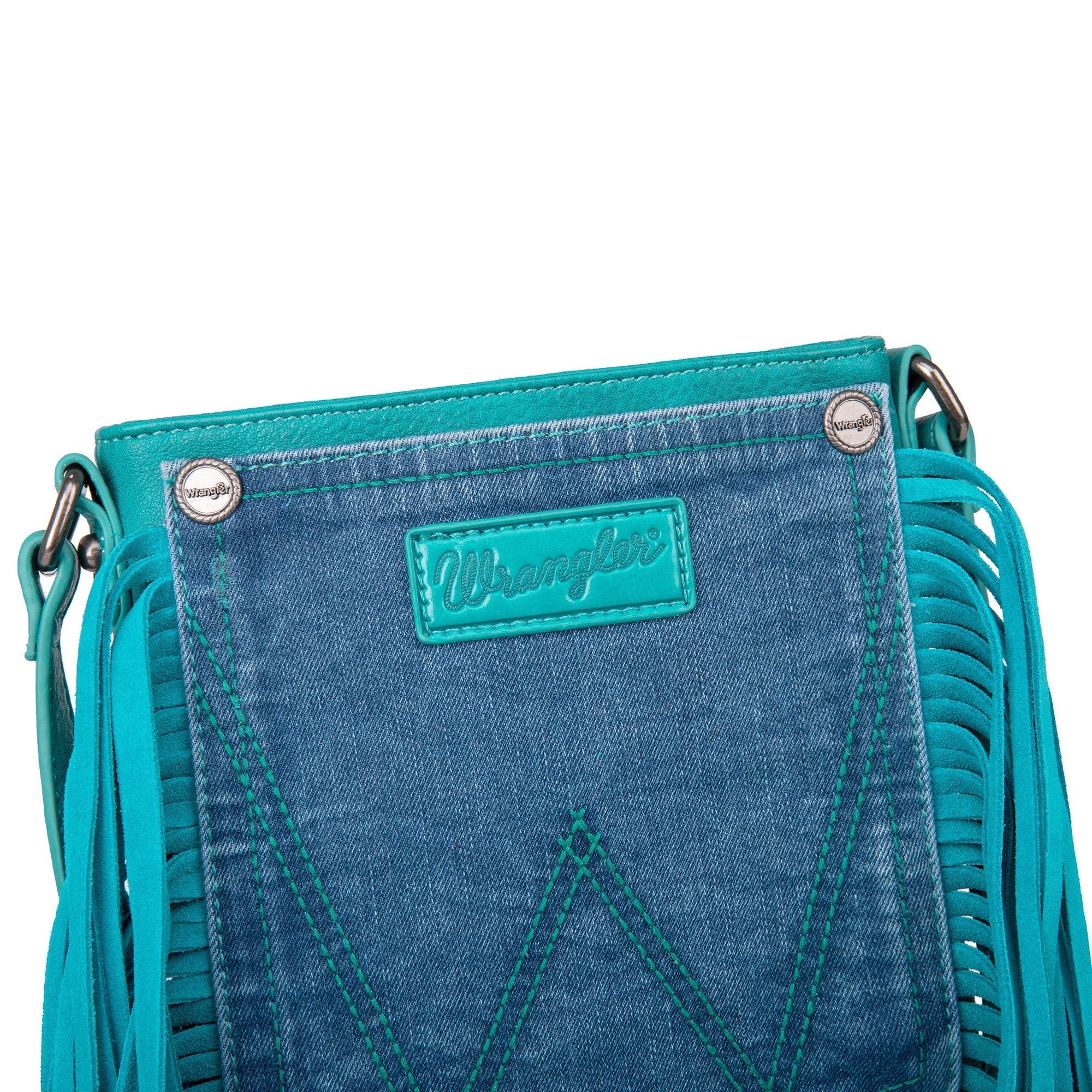 Wrangler Leather Fringe Jean Denim Pocket Crossbody