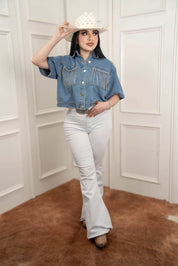 Rhinestone Fringe Pockets Denim Top JJ