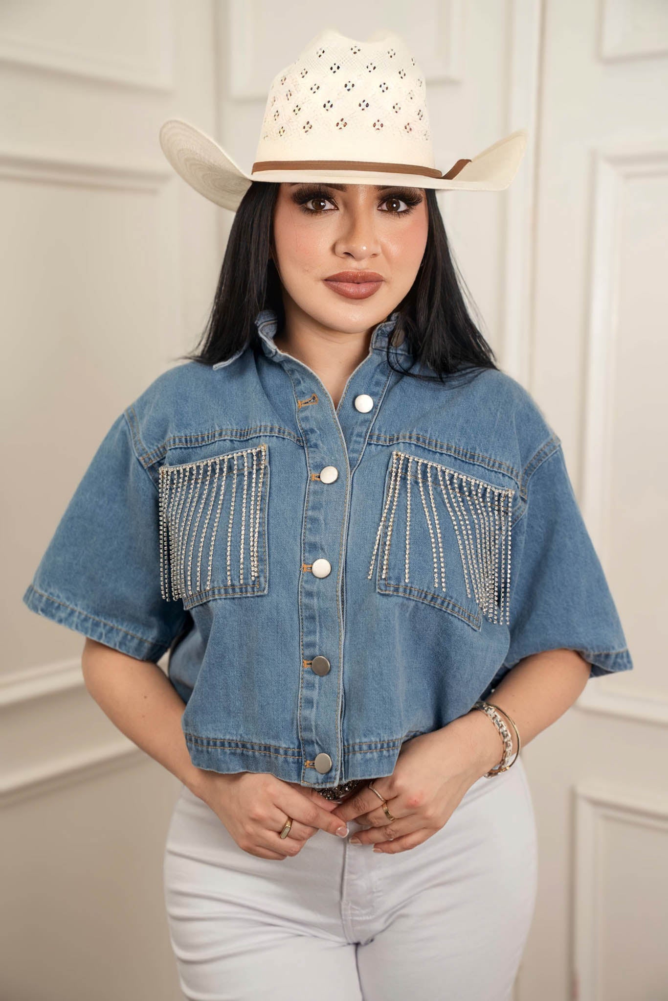 Rhinestone Fringe Pockets Denim Top JJ