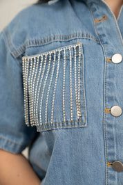 Rhinestone Fringe Pockets Denim Top JJ