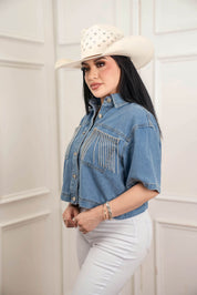 Rhinestone Fringe Pockets Denim Top JJ