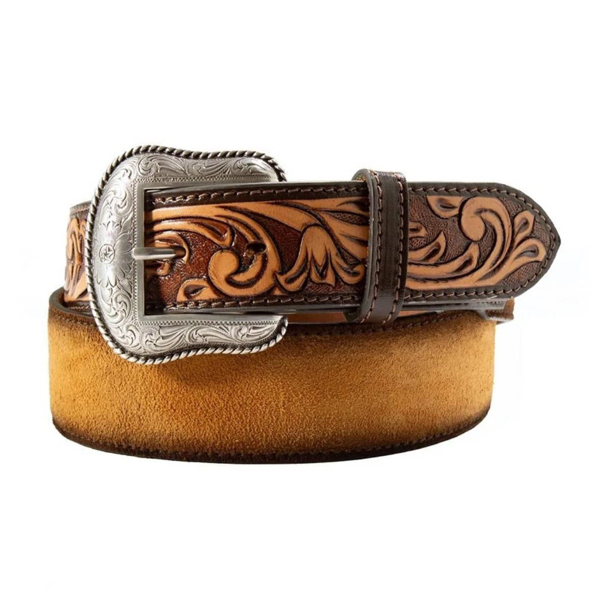 Nocona Men's Tooled Rough out Burnished Edge Tan Belt