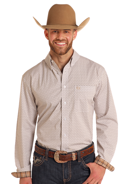 Men's Panhandle Tan Geo Print Long Sleeve Western Shirt PMB2S05395