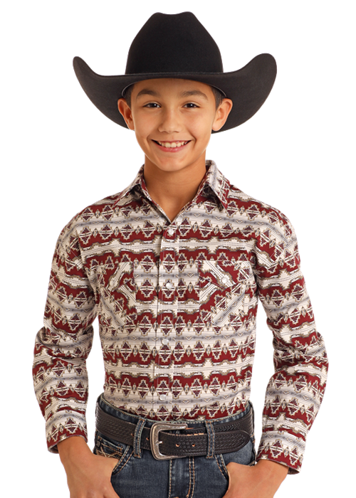 Boy's Panhandle Maroon Aztec Print Long Sleeve Western Shirt RBN2S05112