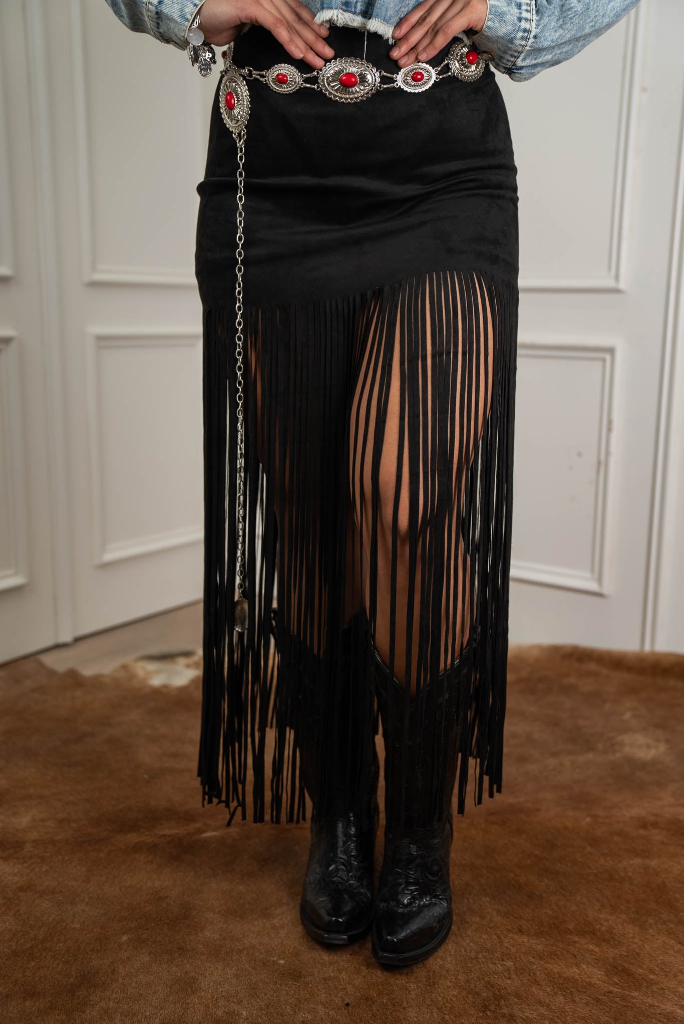 Boho Suede Fringe Maxi Skirt jj