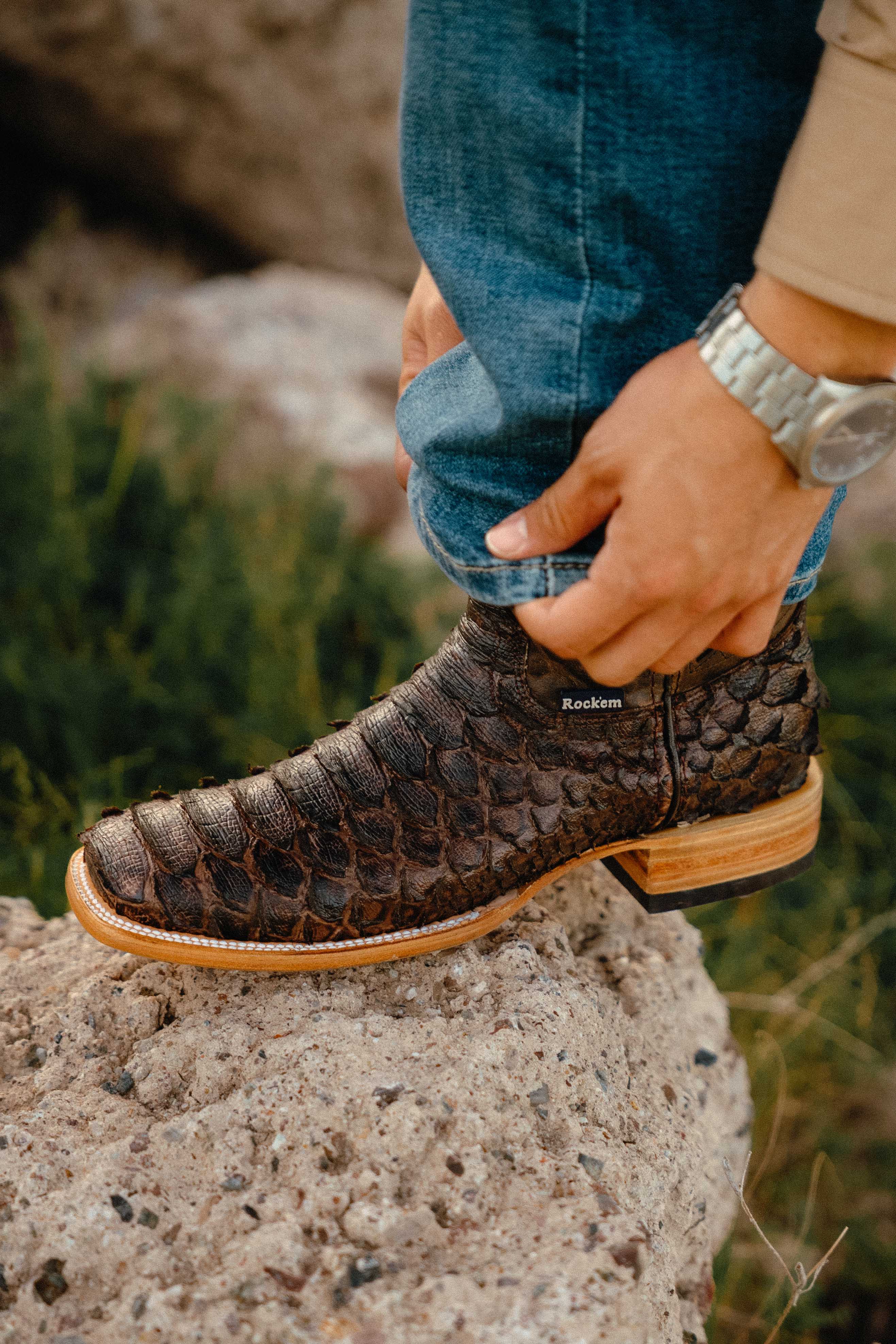 Person wearing a Brown Rock'em Exotic Boot
