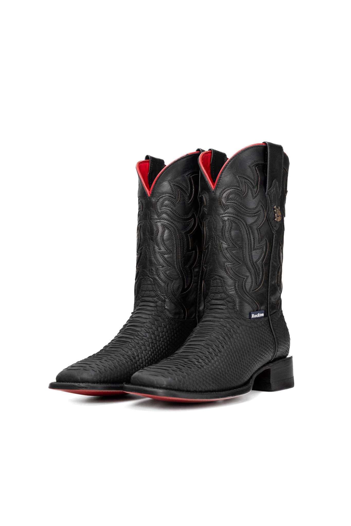 The black Bruce Python Red Bottom  cowboy boots are genuine leather, featuring a square toe, python print vamp, black embroidery shaft, rubber heel, and a red sole. 