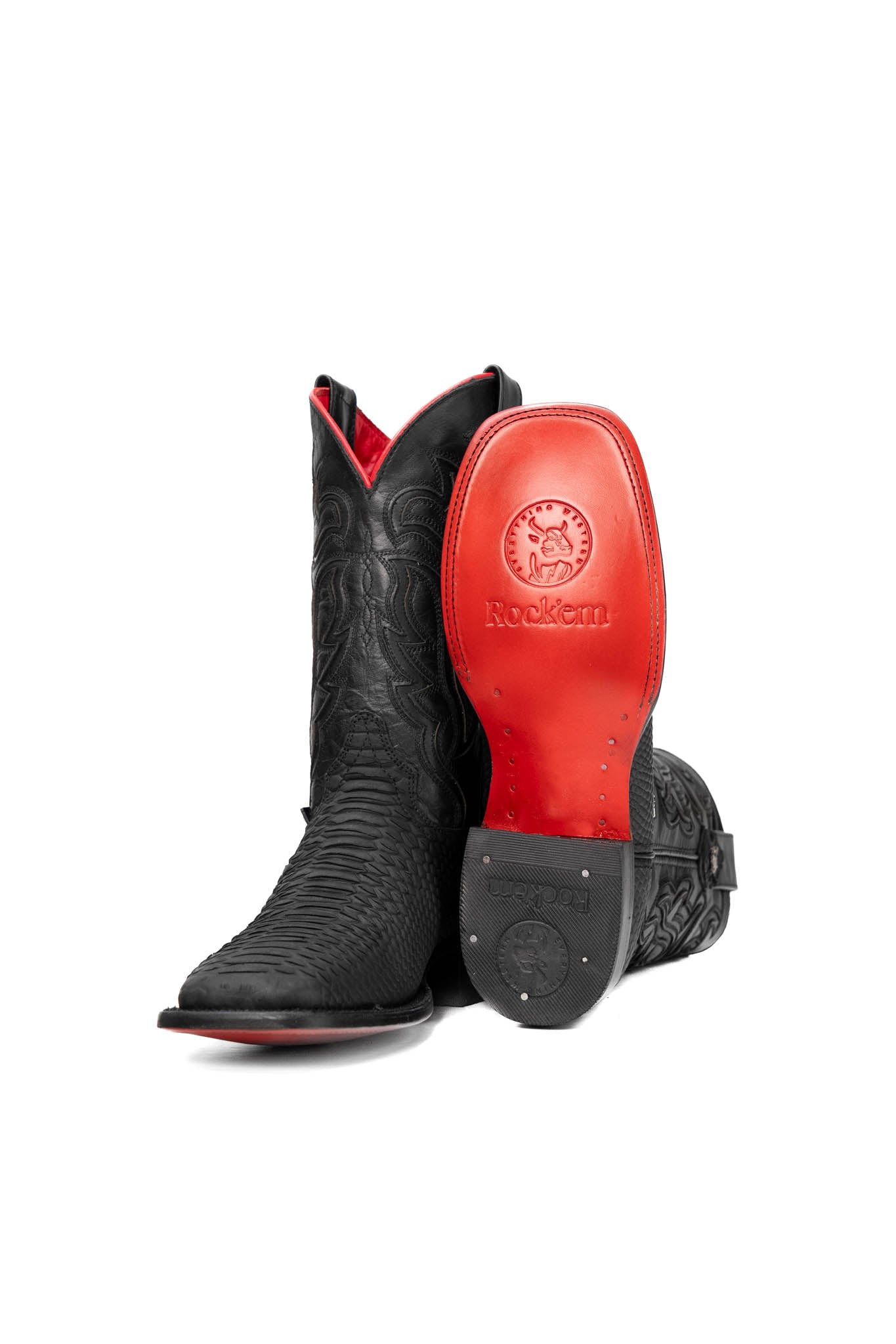 View of the black Bruce Python Red Bottom cowboy boots in genuine leather, featuring a square toe, python print vamp, black embroidery shaft, rubber heel, and a red sole. 