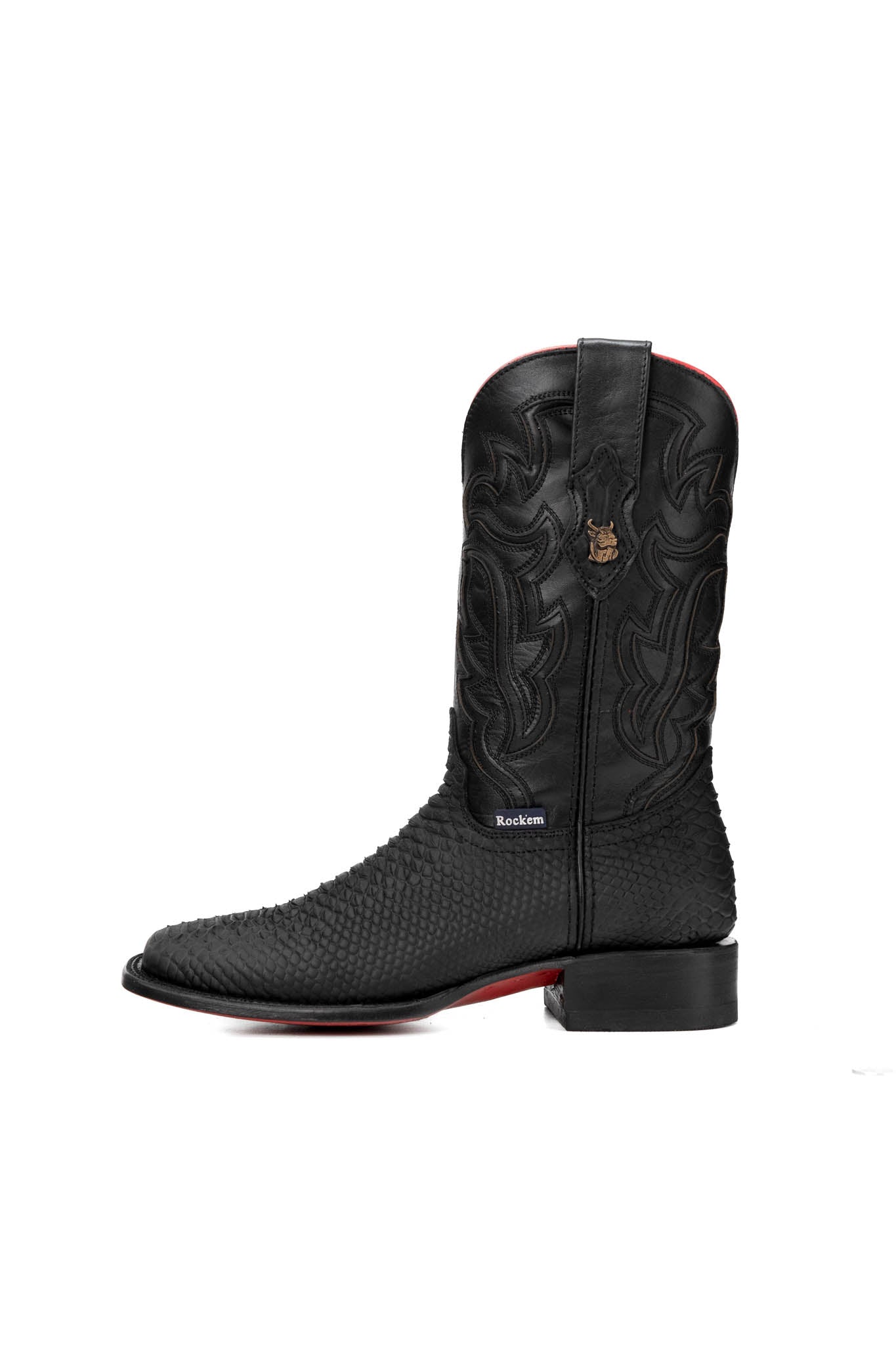 Side view of the black Bruce Python Red Bottom  cowboy boots are genuine leather, featuring a square toe, python print vamp, black embroidery shaft, rubber heel, and a red sole. 