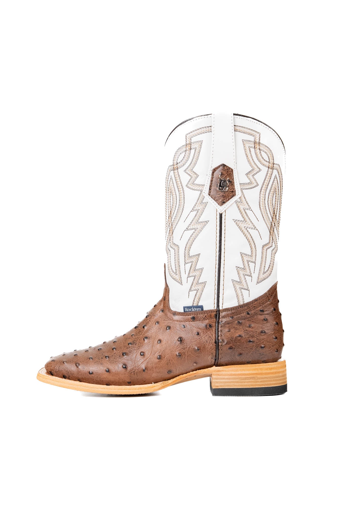 Side view of the Renegate Ostrich Square Toe has a bumpy brown ostrich vamp, white shaft with embroidery pattern, a square toe, and a sturdy leather sole with a rubber heel.